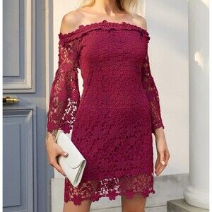 Womens Auxo S Red Off the Shoulder Long Sleeved Dress Elegant Floral Lace Lined